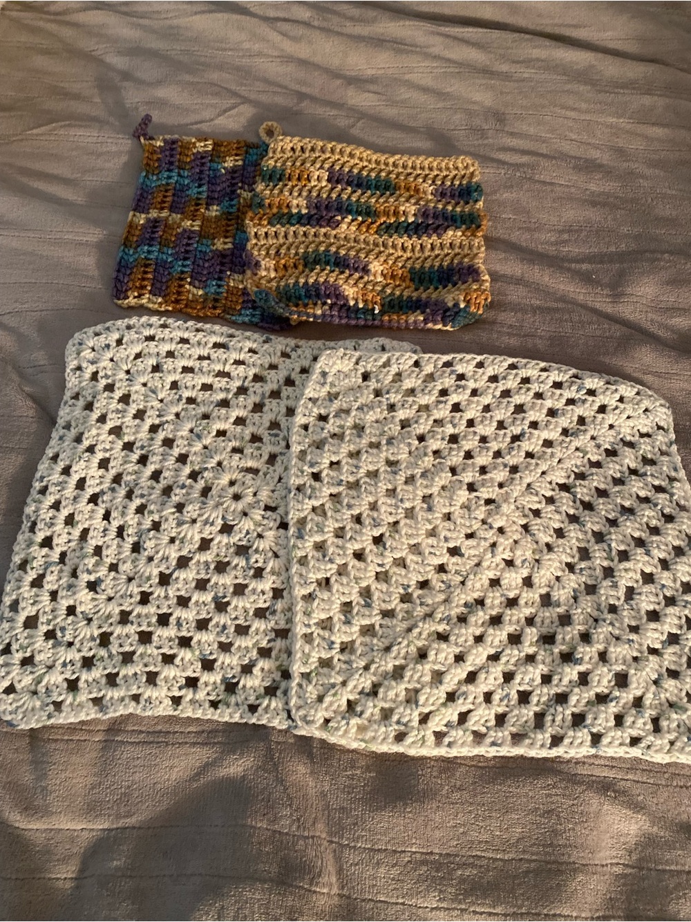Hand-Crocheted White Granny Square dish cloths and potholders
